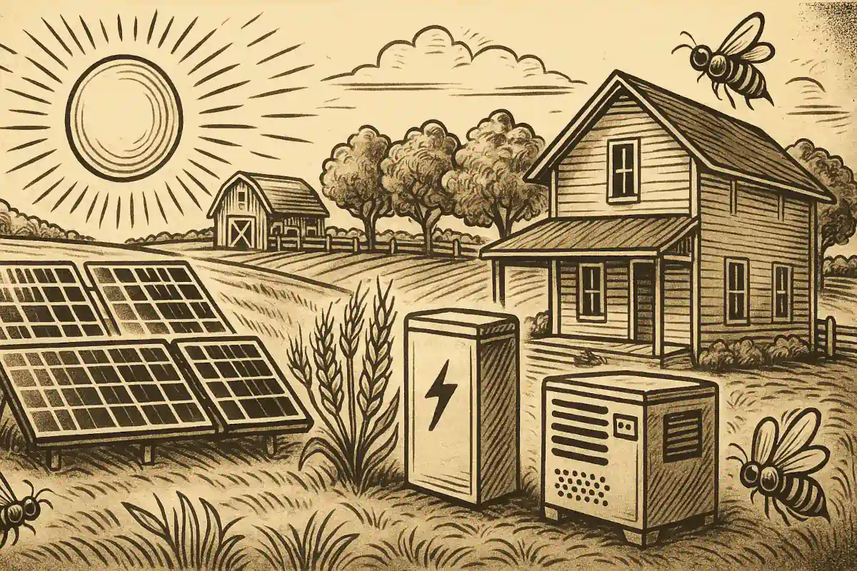 A modern Minnesota farm at sunset powered by local energy, with solar panels on the barn and a home battery unit.