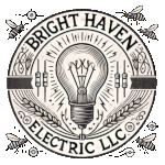 Official logo for Bright Haven Electric LLC, featuring a vintage-style lightbulb at the center of a circular design with bees, wheat sheaves, and electronic resistors.