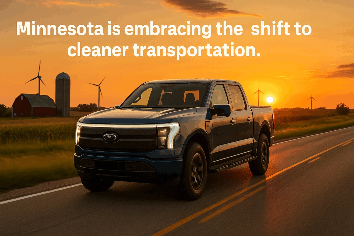 A Ford F-150 Lightning electric truck drives down a rural Minnesota road at sunset, with a farm and wind turbines in the background, representing the growth of EVs in rural areas.