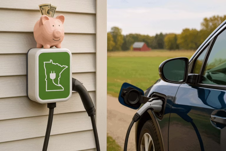 A piggy bank with cash sits on a home EV charger with a Minnesota logo, symbolizing savings, while a blue electric car charges in a rural Minnesota setting.