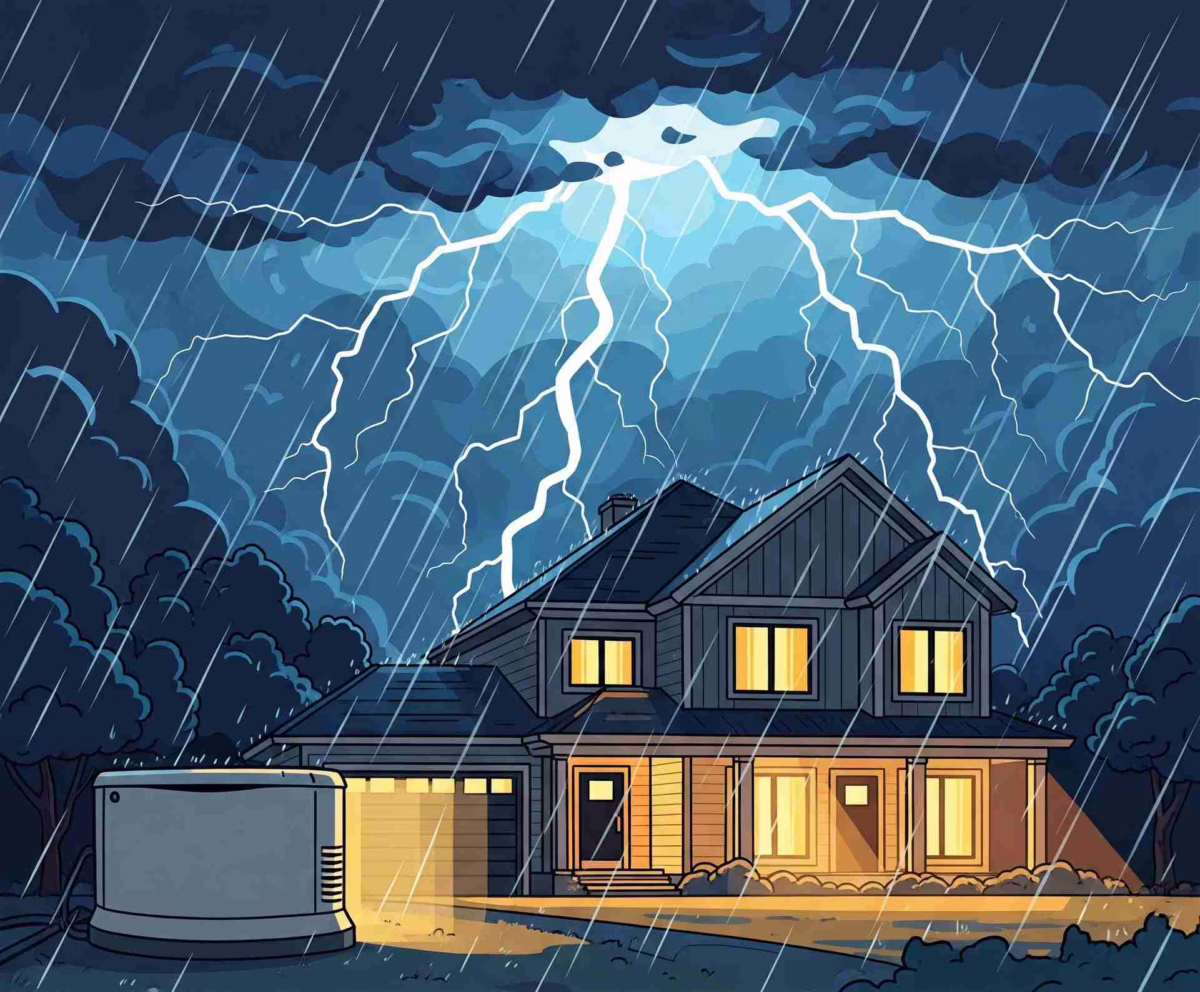 Stylized illustration of a home being powered by a standby generator during a severe thunderstorm with lightning in Minnesota.