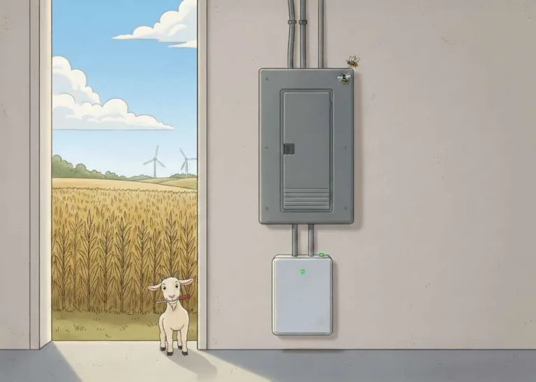 Illustrative image of a closed electrical panel on a wall with power lines, a smart home device, and a miniature goat holding a screwdriver peering in from a sunlit cornfield with wind turbines and a barn in the distance. Two bees hover near the panel.