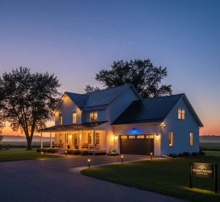 A Minnesota farmhouse at dusk, secured and automated with smart lighting from Bright Haven Electric.