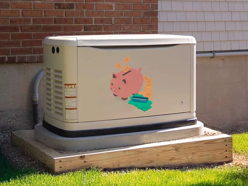 Illustration of piggy bank next to a generator, symbolizing savings.