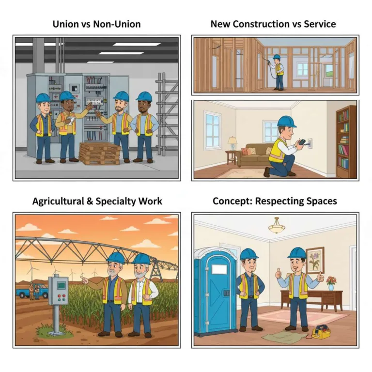 A four-panel cartoon illustrating different electrical career paths: a team working on industrial panels (Union vs Non-Union), an electrician wiring a new home during construction and another working in a finished living room (New Construction vs Service), two electricians discussing controls in an agricultural field with irrigation and windmills (Agricultural & Specialty Work), and two electricians contrasting a portable toilet on a clean rug in a home (Respecting Spaces). All electricians wear blue hard hats.