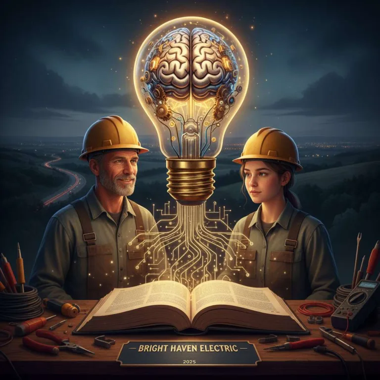 Two electricians, a man and a woman in hard hats, look towards a glowing lightbulb with a mechanical brain inside, its filaments connecting to an open book of electrical tools on a wooden workbench.