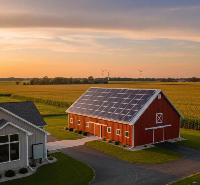 A modern Minnesota farm at sunset with solar panels on the barn and a home battery unit, representing energy independence.