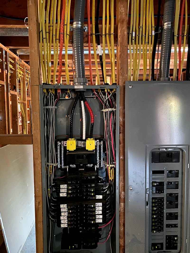 Close up of modern AFCI circuit breakers installed in a residential electrical panel