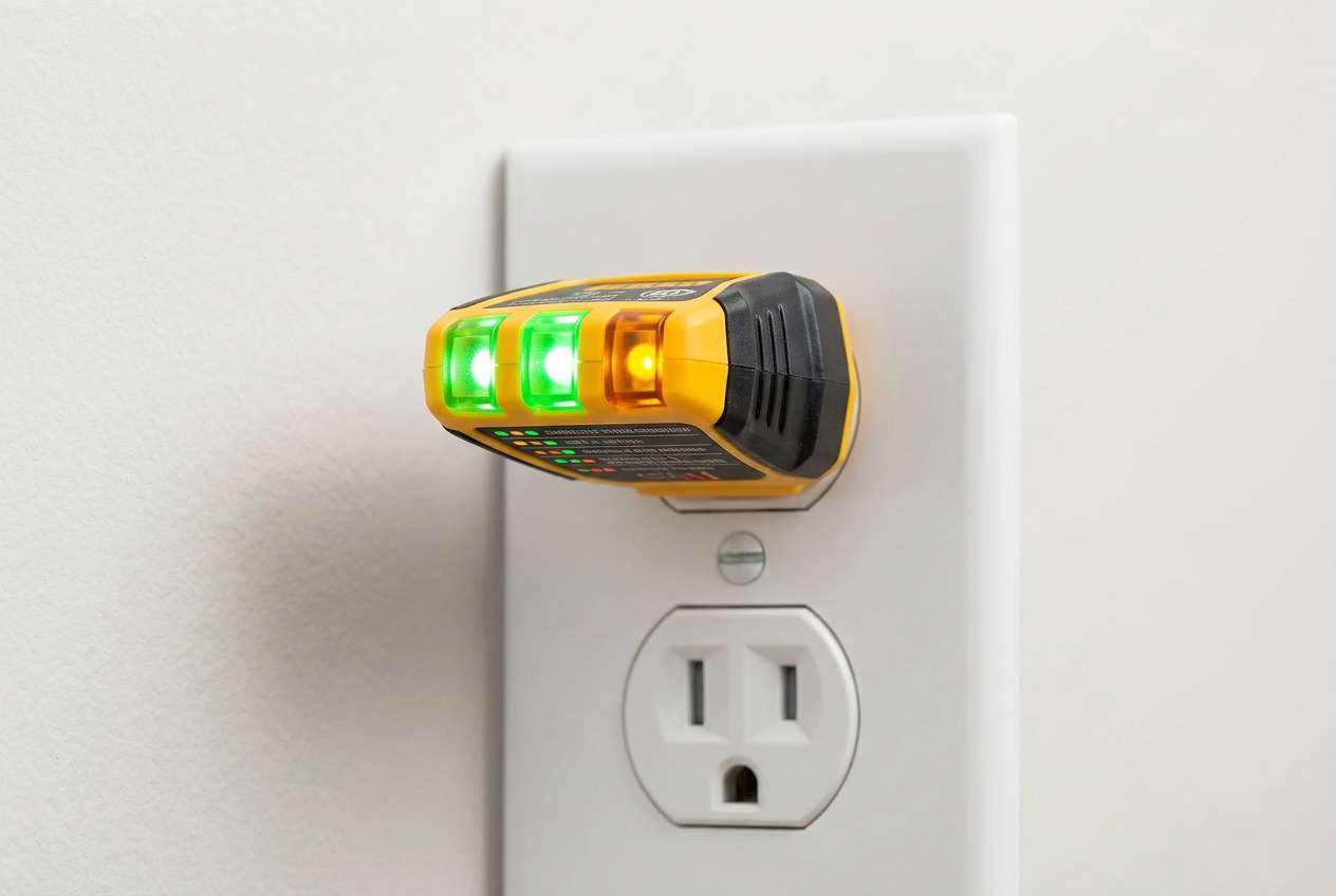 A professional electrician using a digital multimeter to test an older residential wall outlet for proper grounding and voltage