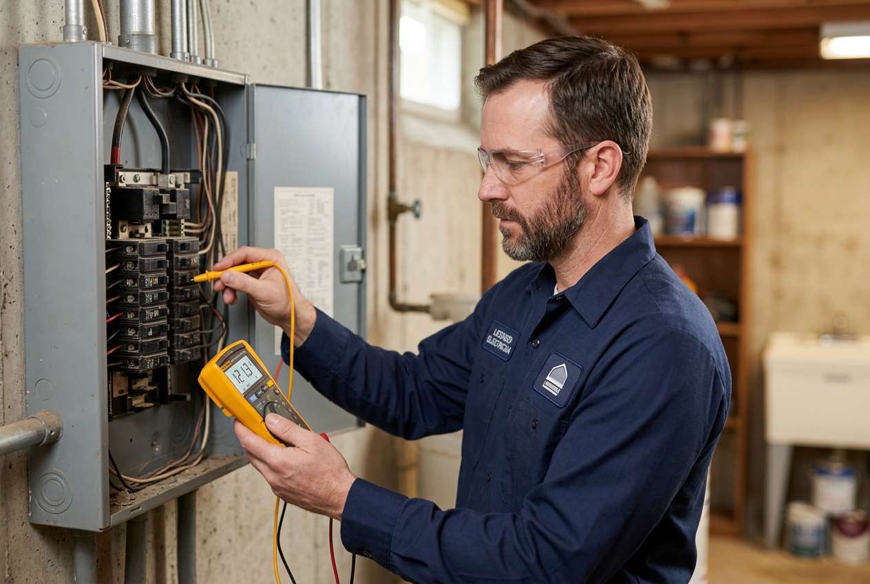 A licensed electrician safely inspecting an outdated residential electrical panel