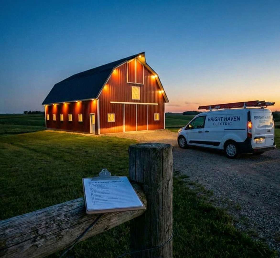 Minnesota barn at dusk illustrating the need for a farm electrical audit Minnesota.
