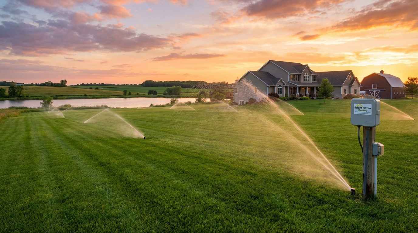 Green lawn being watered by lake pump irrigation