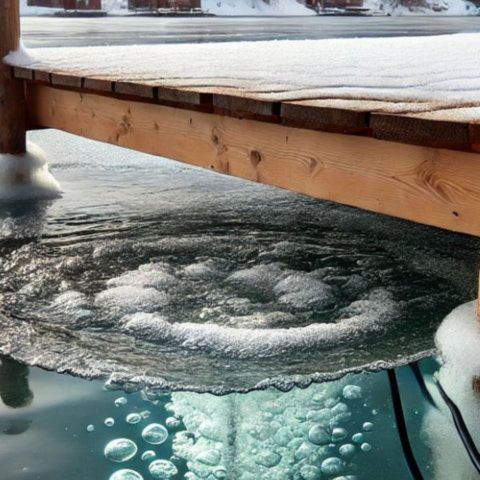 Ice Eater bubbler keeping water open around a dock