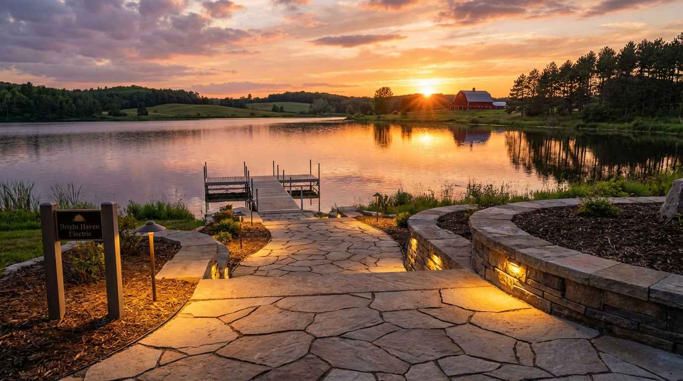 Pathway lighting leading to a lake dock