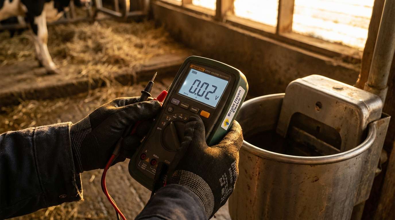 Electrician using a specialized stray voltage meter near a dairy cow waterer