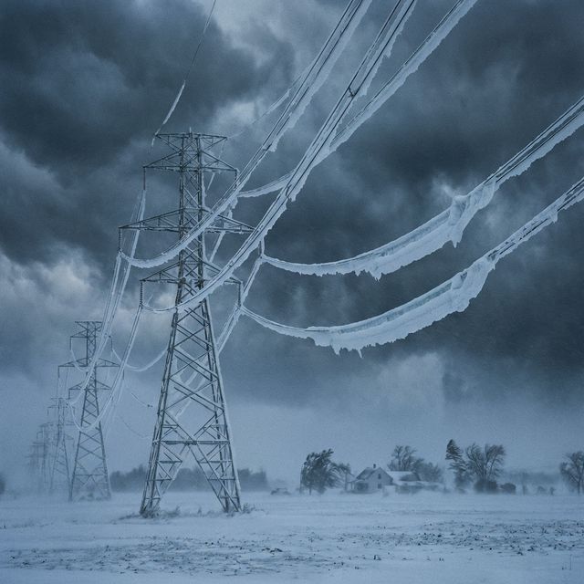 Heavy snow and ice covering power lines during a severe Minnesota winter storm