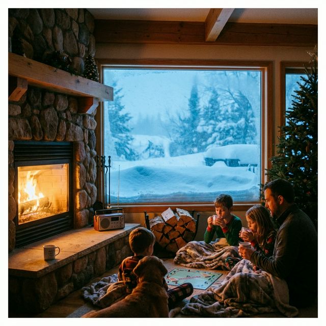 A family staying warm indoors during a blizzard to properly prepare for winter storms in Minnesota