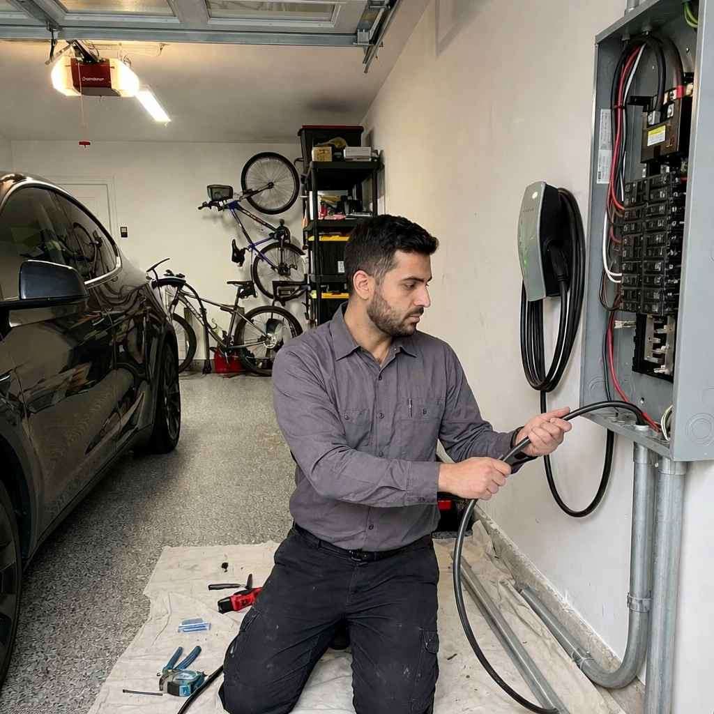 Licensed electrician installing a Level 2 EV charger on a residential garage wall with breaker panel visible