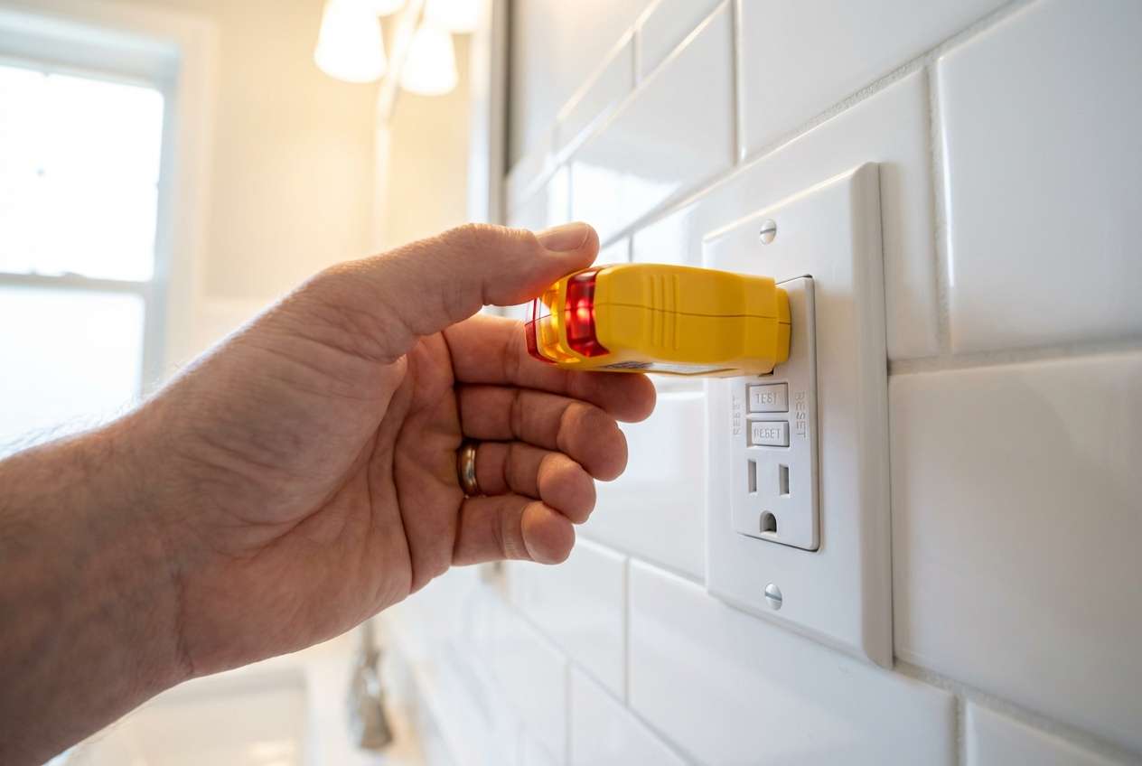 Homeowner opening a residential breaker panel to reset a GFCI outlet and tripped circuit breaker