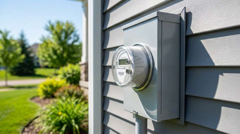 A modern outdoor electrical meter box safely mounted on a Minnesota residential home exterior