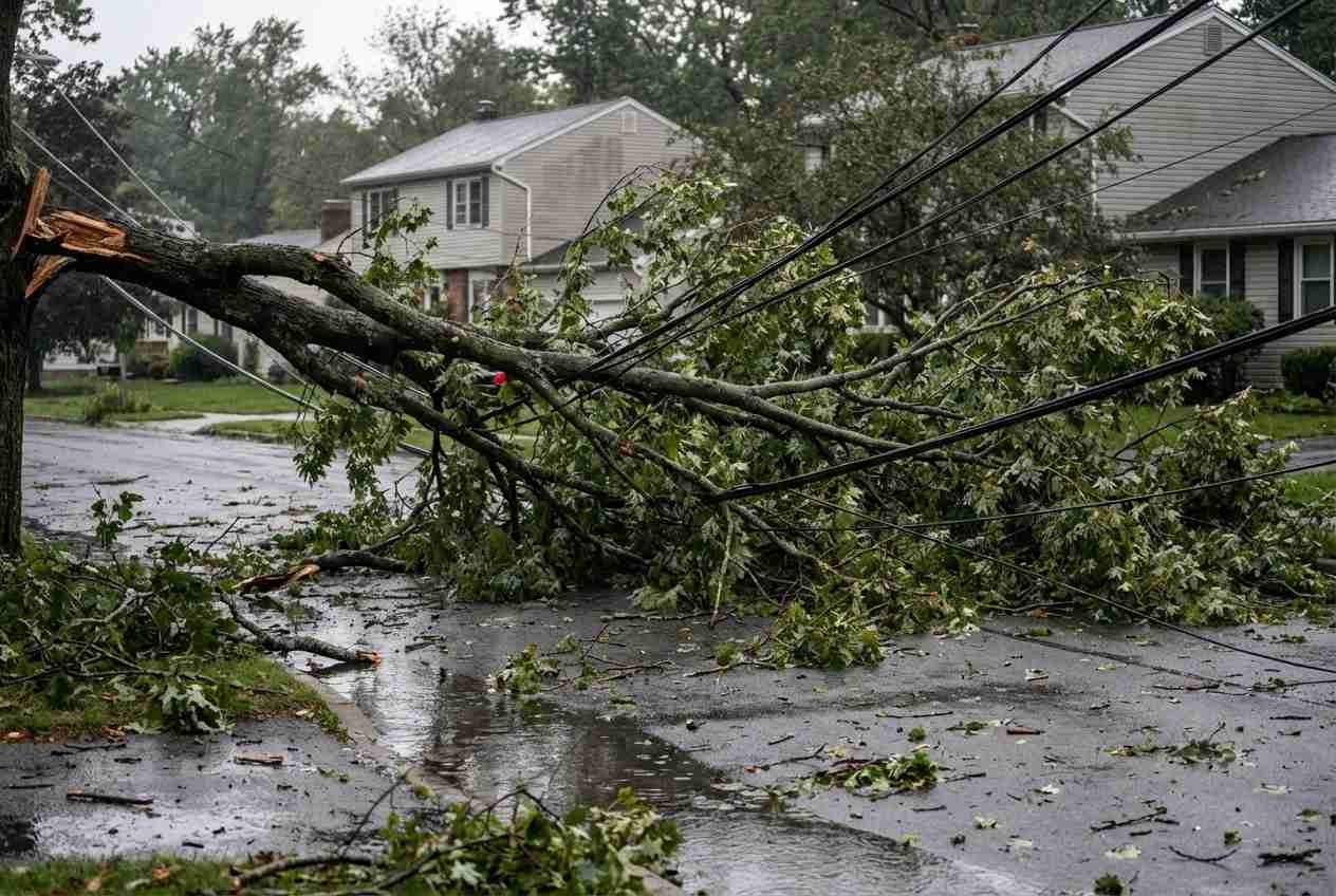 Storm electrical safety hazard — downed power lines after a severe storm in a residential neighborhood