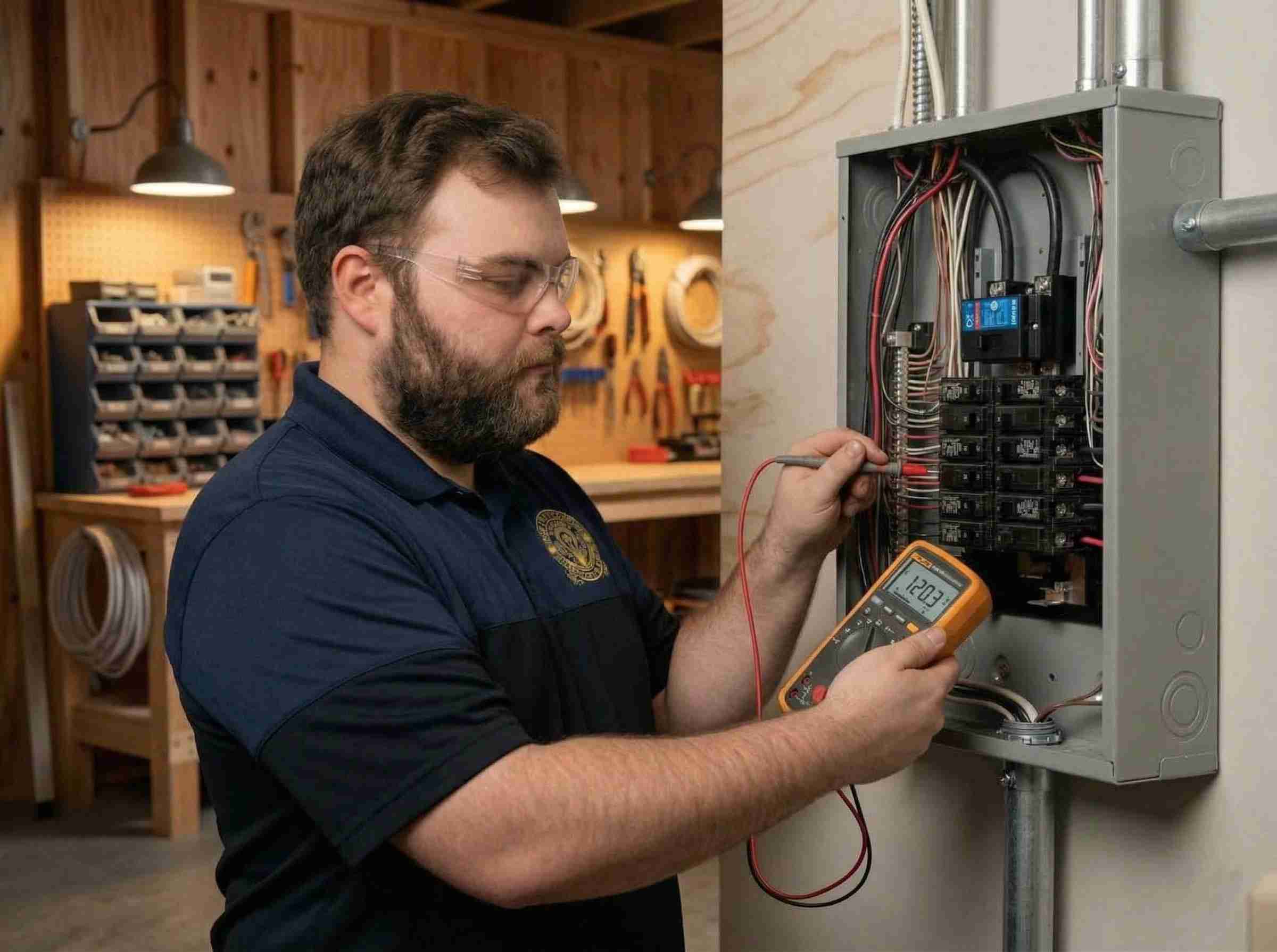 Licensed electrician installing new circuits in a residential panel during a kitchen remodel in West Central Minnesota.