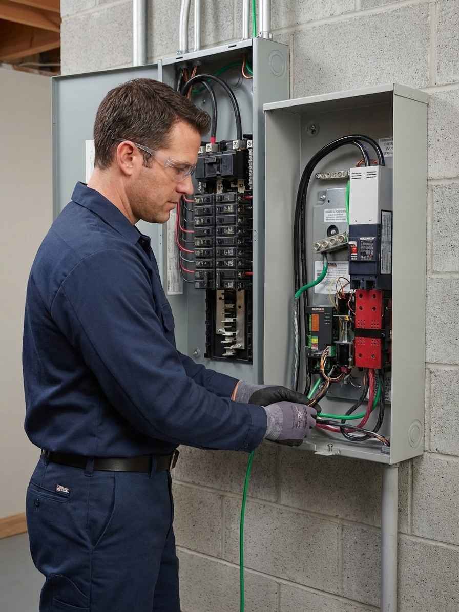 Licensed electrician installing a standby backup generator with automatic transfer switch at a residential electrical panel in West Central Minnesota